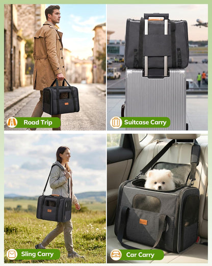Soft Pet Carrier for Cats & Small Dogs Up to 20lbs – Airline Approved, TSA Friendly, with Cushion & Bowl