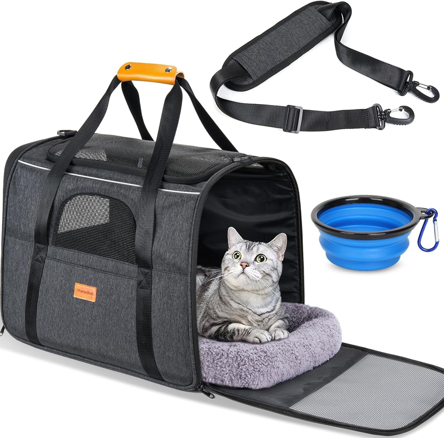 Soft Pet Carrier for Cats & Small Dogs Up to 20lbs – Airline Approved, TSA Friendly, with Cushion & Bowl