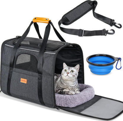 Soft Pet Carrier for Cats & Small Dogs Up to 20lbs – Airline Approved, TSA Friendly, with Cushion & Bowl