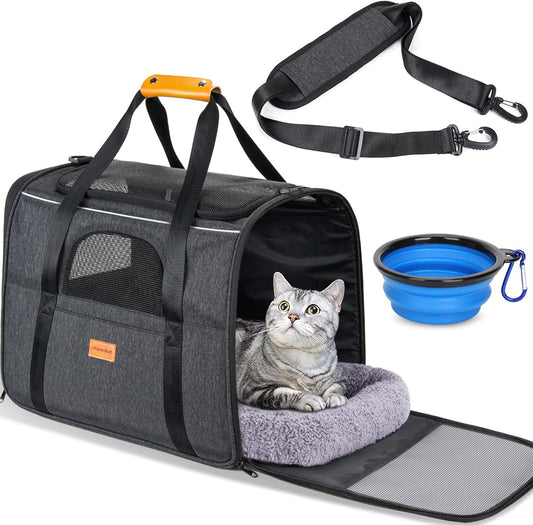 Soft Pet Carrier for Cats & Small Dogs Up to 20lbs – Airline Approved, TSA Friendly, with Cushion & Bowl